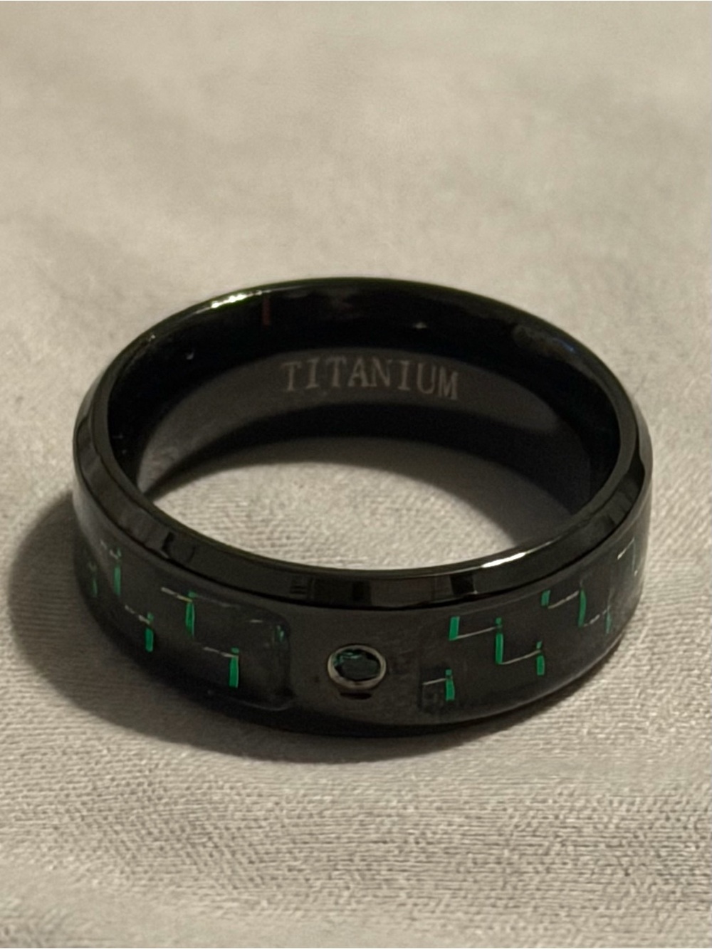 Titanium Black Ring with Emerald Accent and Geometric Green Inlay